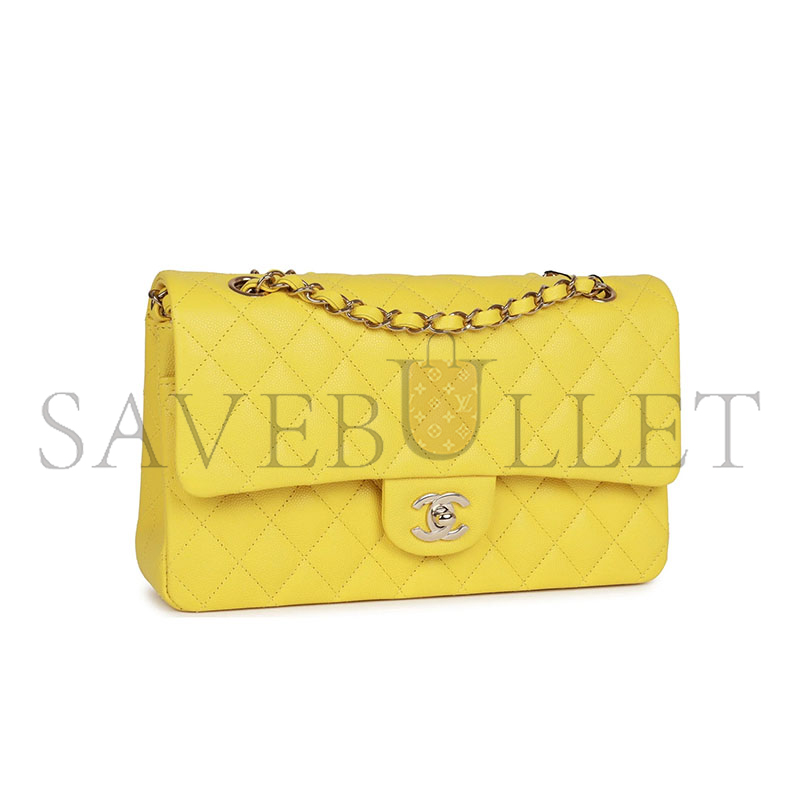 CHANEL MASTER CAVIAR MEDIUM CLASSIC DOUBLE FLAP BAG YELLOW LIGHT GOLD HARDWARE A01112 (25*15*7cm)